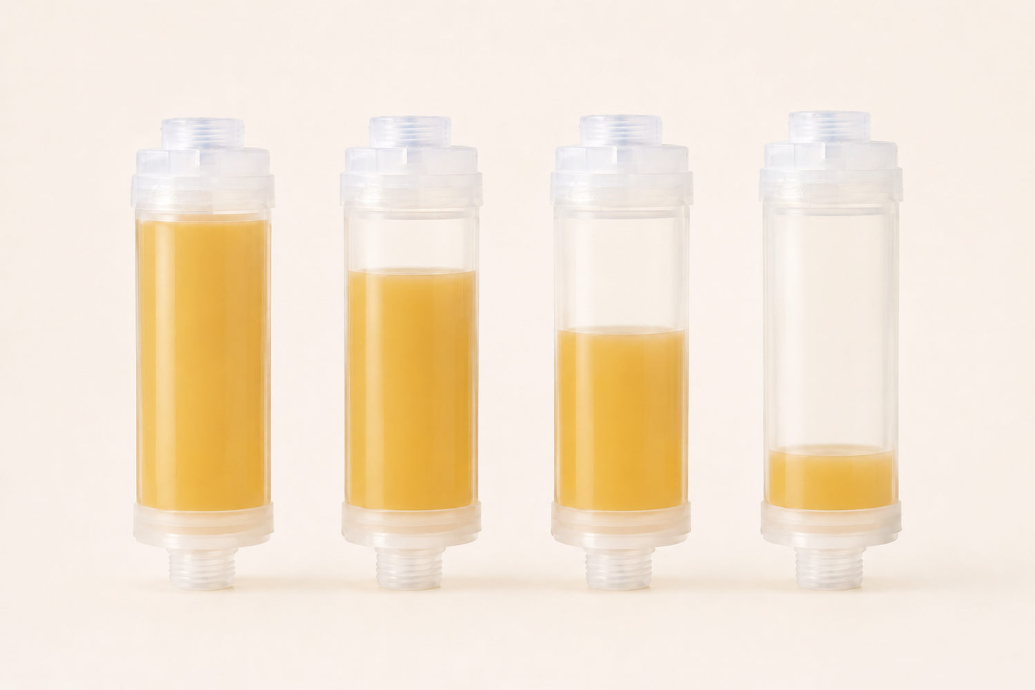 Vitamin C shower filter cartridge showing visual depletion indicator at four stages